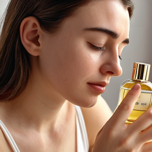 **A woman applying vanilla perfume, looking comforted and relaxed.** (Focus: Feeling comforted by a vanilla scent after heartbreak)