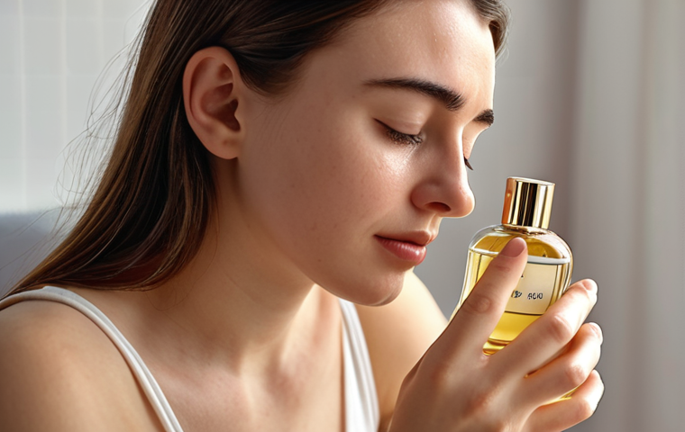 **A woman applying vanilla perfume, looking comforted and relaxed.** (Focus: Feeling comforted by a vanilla scent after heartbreak)