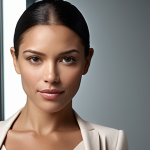 A sophisticated and confident woman in a modern, elegant setting, exuding a strong personal brand and professionalism. Her presence feels like an 'invisible business card,' with subtle light effects suggesting a unique, pleasant fragrance. Focus on her poised posture and empowered expression, reflecting the power of scent in creating an impression. High-resolution, realistic style.