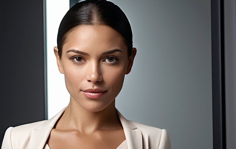 A sophisticated and confident woman in a modern, elegant setting, exuding a strong personal brand and professionalism. Her presence feels like an 'invisible business card,' with subtle light effects suggesting a unique, pleasant fragrance. Focus on her poised posture and empowered expression, reflecting the power of scent in creating an impression. High-resolution, realistic style.