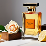 An elegant, artistic still life visually illustrating the layers of a perfume's scent structure. The 'top note' is represented by vibrant, sparkling citrus fruits and fresh green leaves, appearing light and ephemeral. The 'middle note' is a lush, central arrangement of blooming rose and jasmine flowers, intertwined with hints of soft, warm spices, forming the heart. The 'base note' grounds the composition with deep, rich wooden blocks, amber resins, and vanilla pods, suggesting warmth and longevity. Multiple exquisite perfume bottles are artfully placed among these elements, with subtle, ethereal wisps of fragrance visually connecting the layers in a harmonious blend. The lighting is luxurious and diffused, emphasizing depth and sophisticated textures.