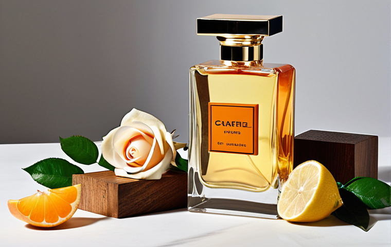 An elegant, artistic still life visually illustrating the layers of a perfume's scent structure. The 'top note' is represented by vibrant, sparkling citrus fruits and fresh green leaves, appearing light and ephemeral. The 'middle note' is a lush, central arrangement of blooming rose and jasmine flowers, intertwined with hints of soft, warm spices, forming the heart. The 'base note' grounds the composition with deep, rich wooden blocks, amber resins, and vanilla pods, suggesting warmth and longevity. Multiple exquisite perfume bottles are artfully placed among these elements, with subtle, ethereal wisps of fragrance visually connecting the layers in a harmonious blend. The lighting is luxurious and diffused, emphasizing depth and sophisticated textures.