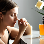 A contemplative person, perhaps a woman, in a soft, natural setting, gently sniffing her wrist where perfume has been applied. The scene emphasizes the intimate connection between a person's unique body chemistry and how a fragrance develops on their skin. Subtle, abstract elements of light or color swirl around her, representing the personal style and unique essence that perfume interacts with. The mood is reflective and serene, highlighting the journey of self-discovery through scent.