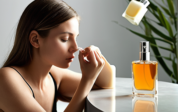 A contemplative person, perhaps a woman, in a soft, natural setting, gently sniffing her wrist where perfume has been applied. The scene emphasizes the intimate connection between a person's unique body chemistry and how a fragrance develops on their skin. Subtle, abstract elements of light or color swirl around her, representing the personal style and unique essence that perfume interacts with. The mood is reflective and serene, highlighting the journey of self-discovery through scent.